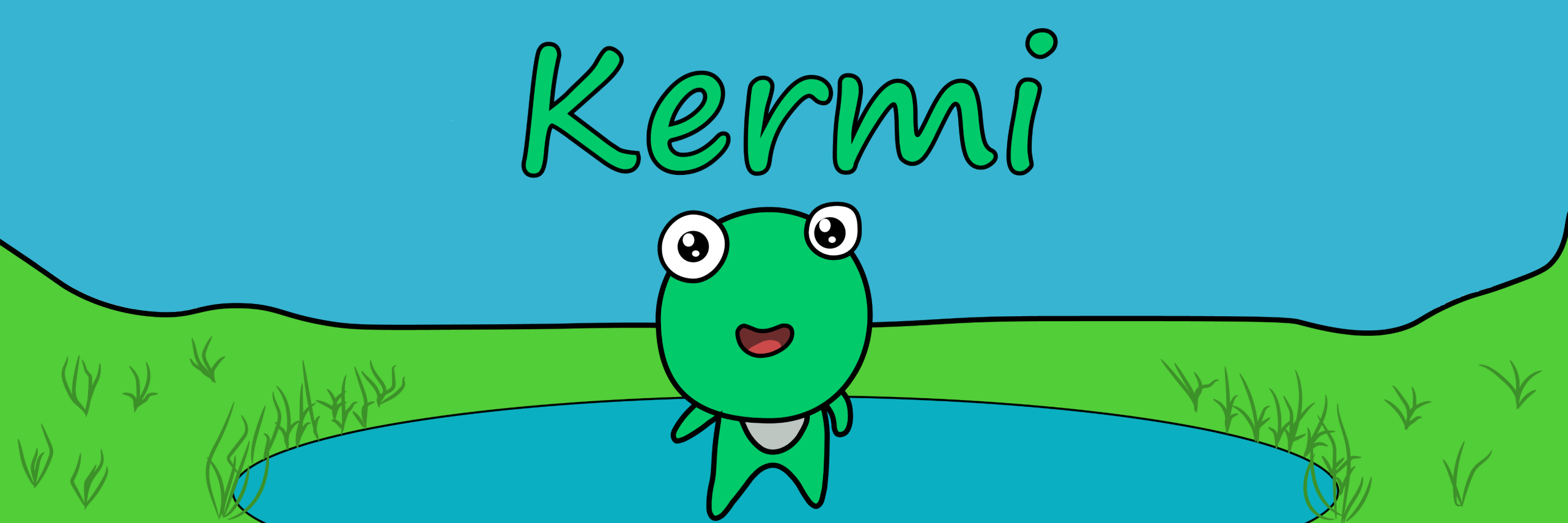 Kermi the green frog with big googly eyes sitting by a pond in a bright landscape with turquoise sky and green hills